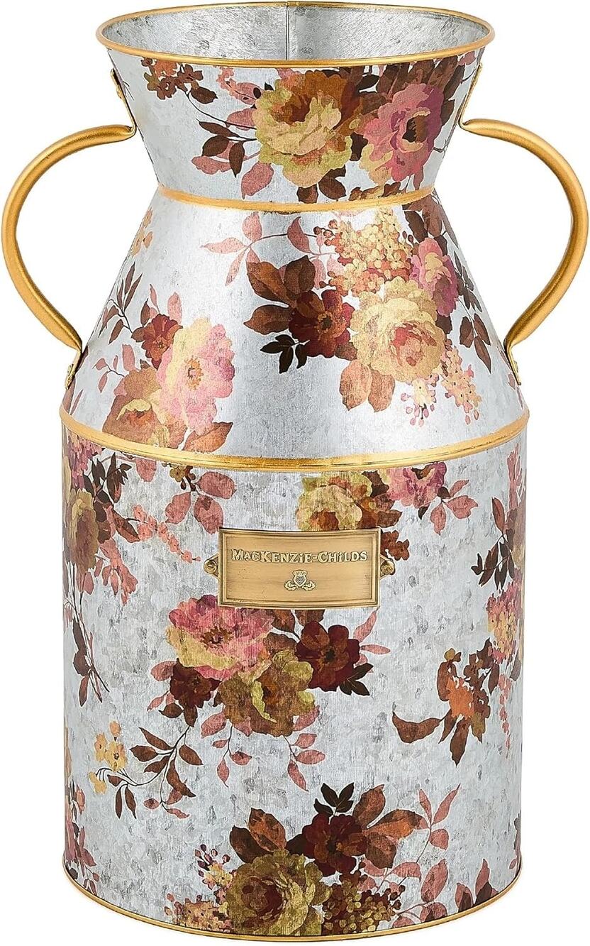NEW Mackenzie Childs Wild Rose Galvanized Large Milk Can Vase In Original Box